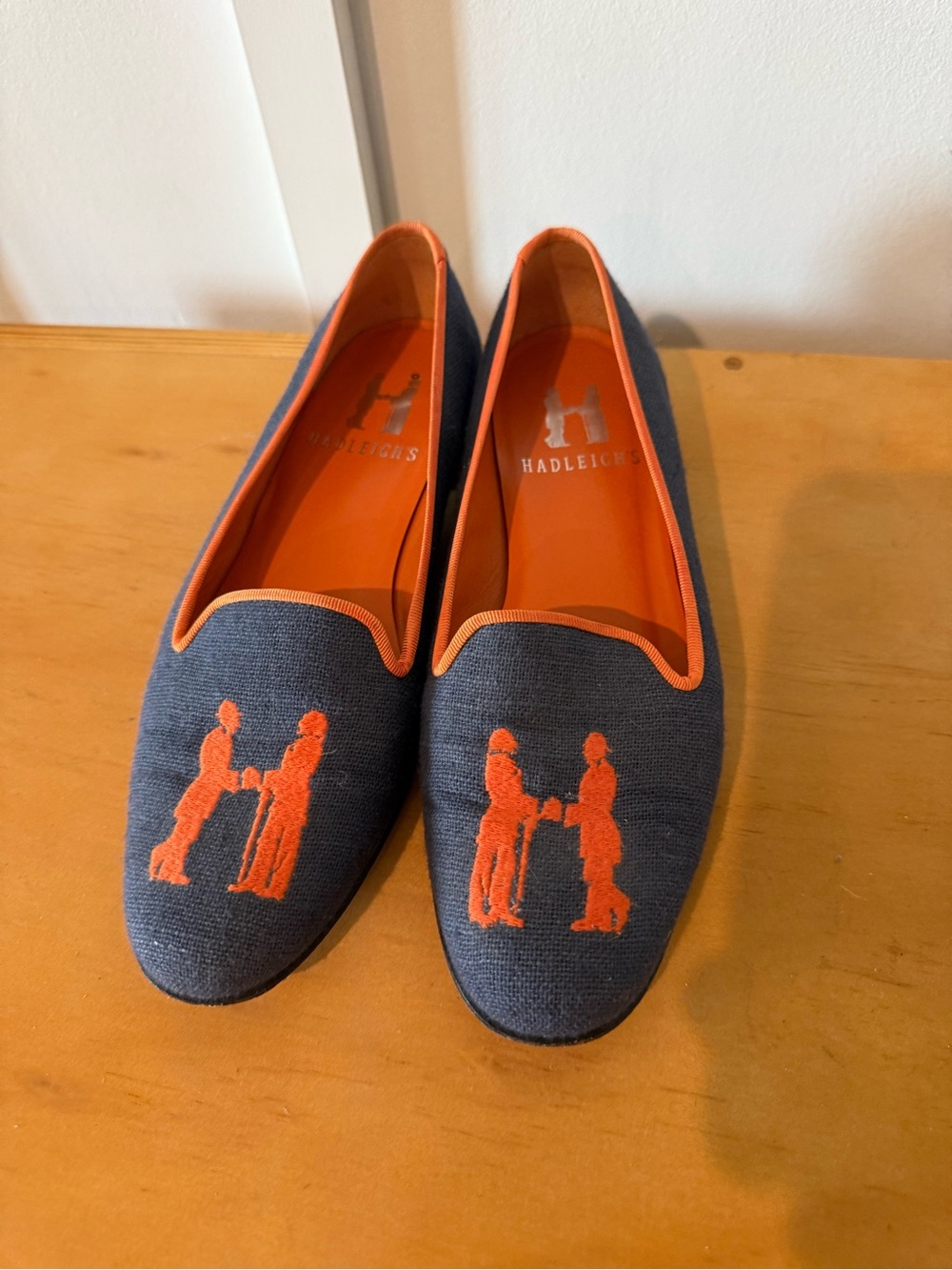 Hadleigh's Audrey Embroidered Gentleman "H" Smoking Loafers Navy and Orange